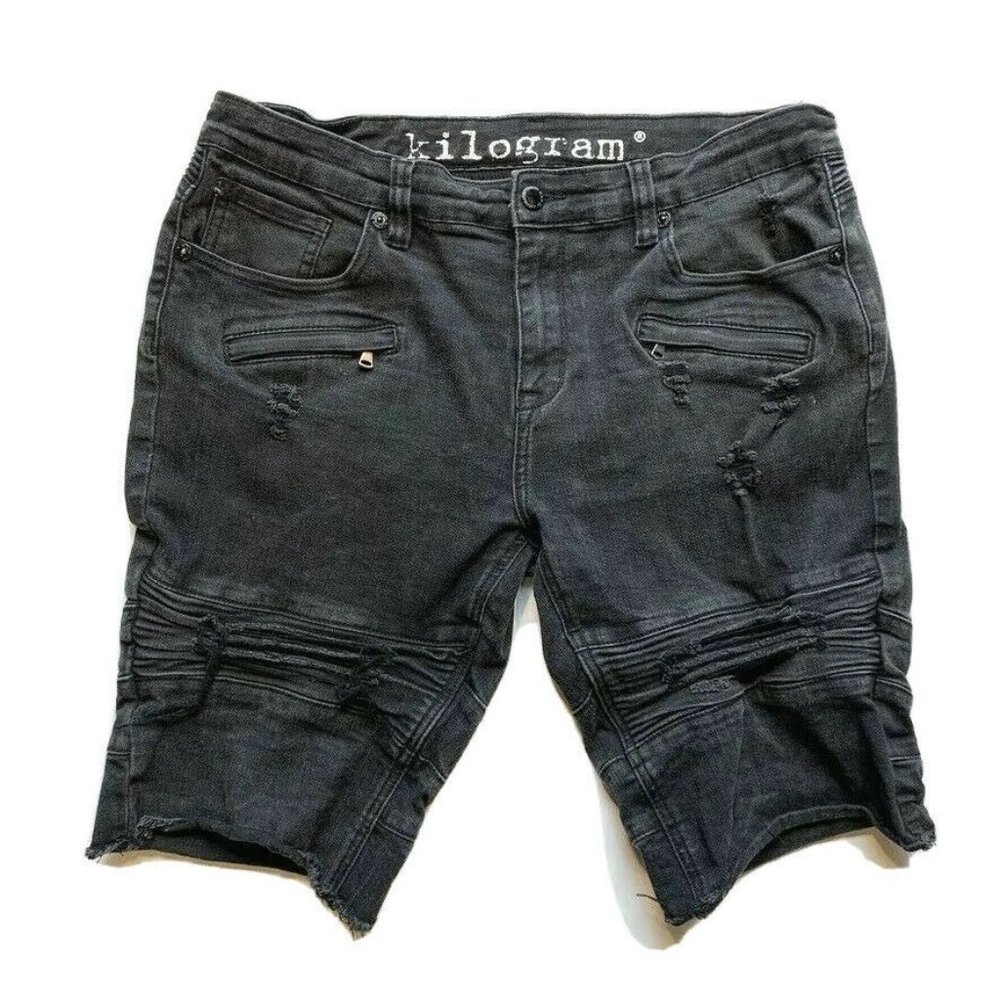 Kilogram Jean Denim Cut Off Biker Shorts Mens 36‎ Destroyed Quilted Stretch Moto